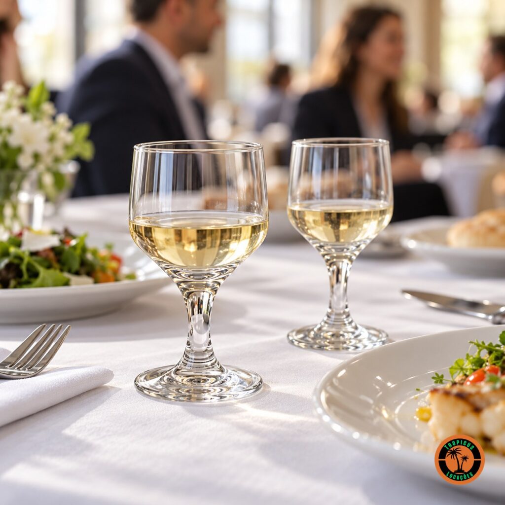 Almoço corporativo com taças Vinho Branco Bistrô servidas com vinho branco numa mesa de toalha branca