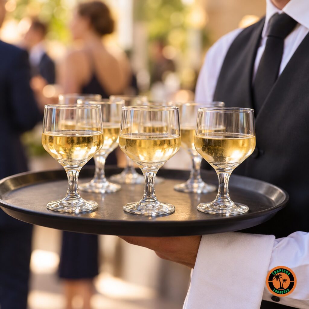 Bandeja de garçom com taças Vinho Branco Bistrô servidas com vinho branco numa recepção
