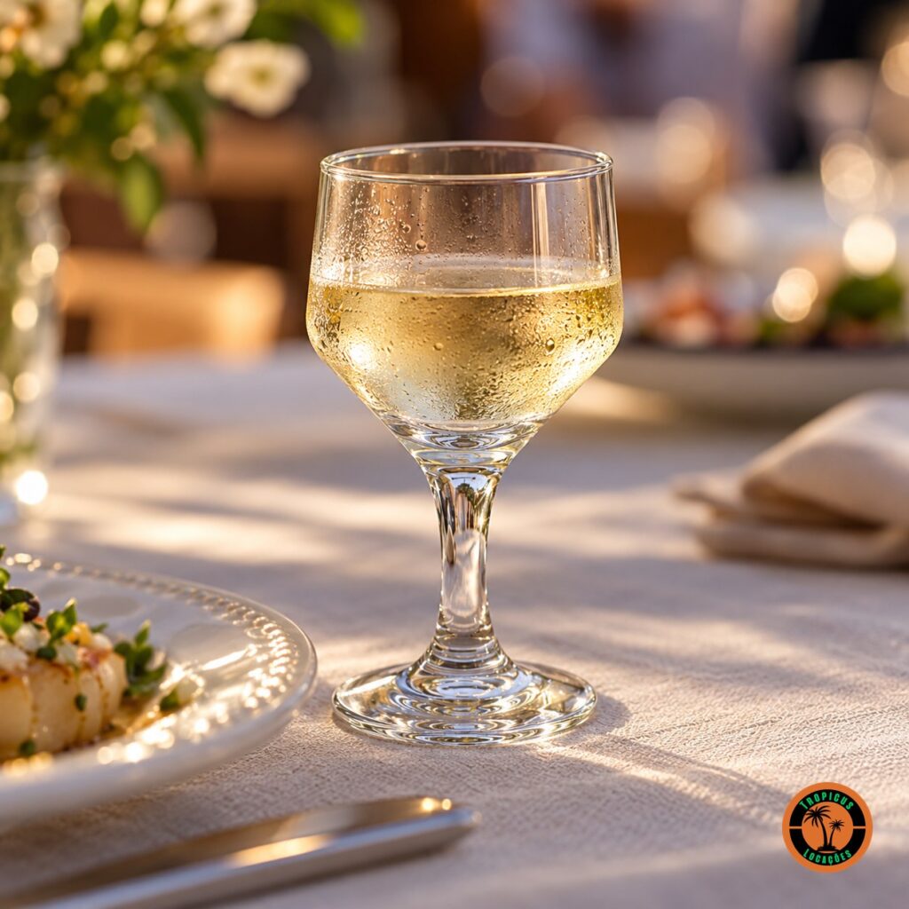 Taça Vinho Branco Bistrô com vinho branco gelado e gotas de condensação no vidro