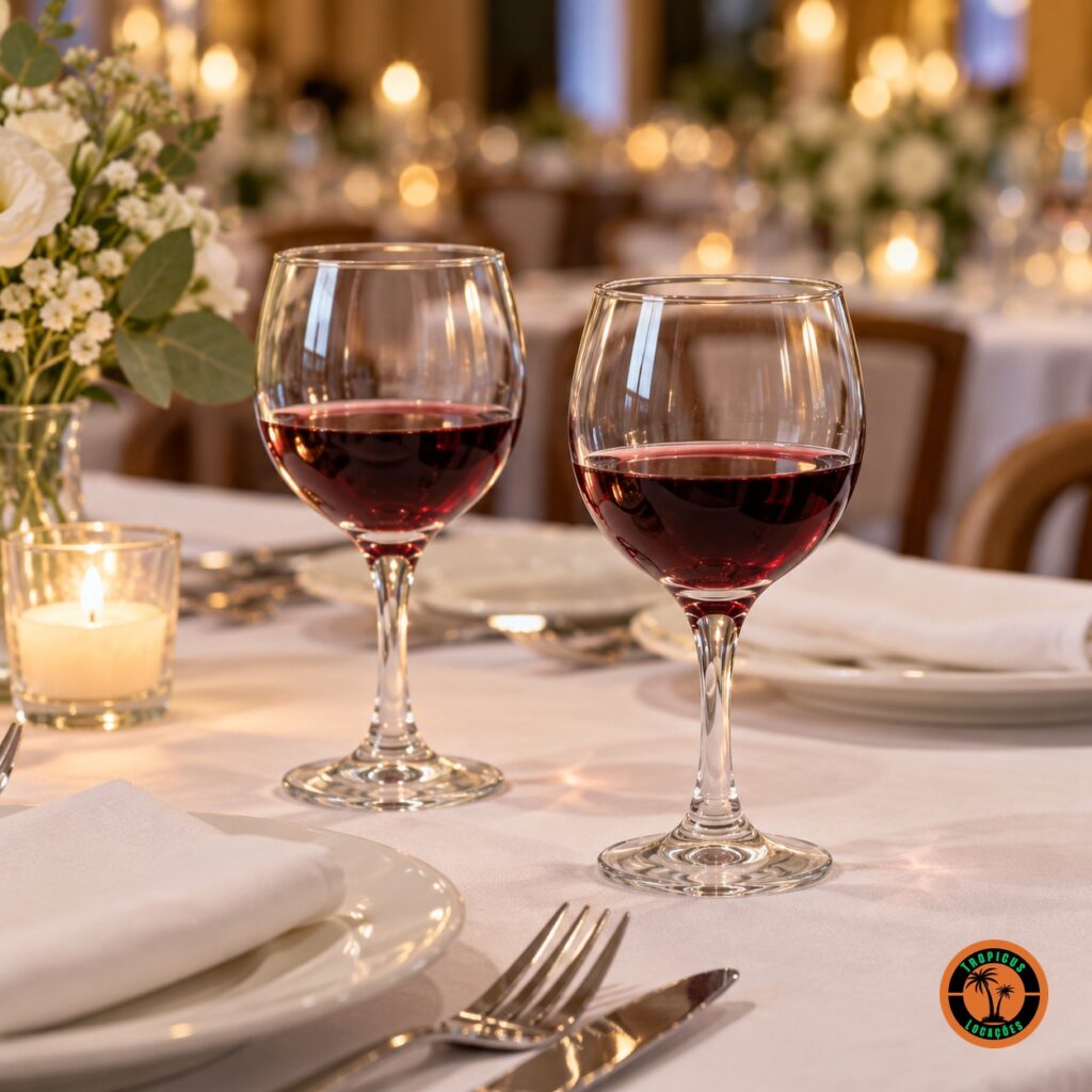 Mesa posta com taças Vinho Branco Premiére servidas com vinho tinto e toalha branca