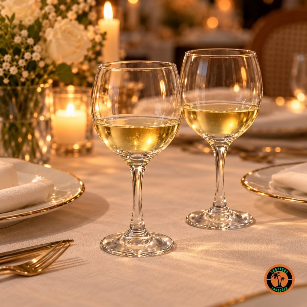 Jantar à luz de velas com taças Vinho Branco Premiére servidas com vinho branco e prato com friso dourado