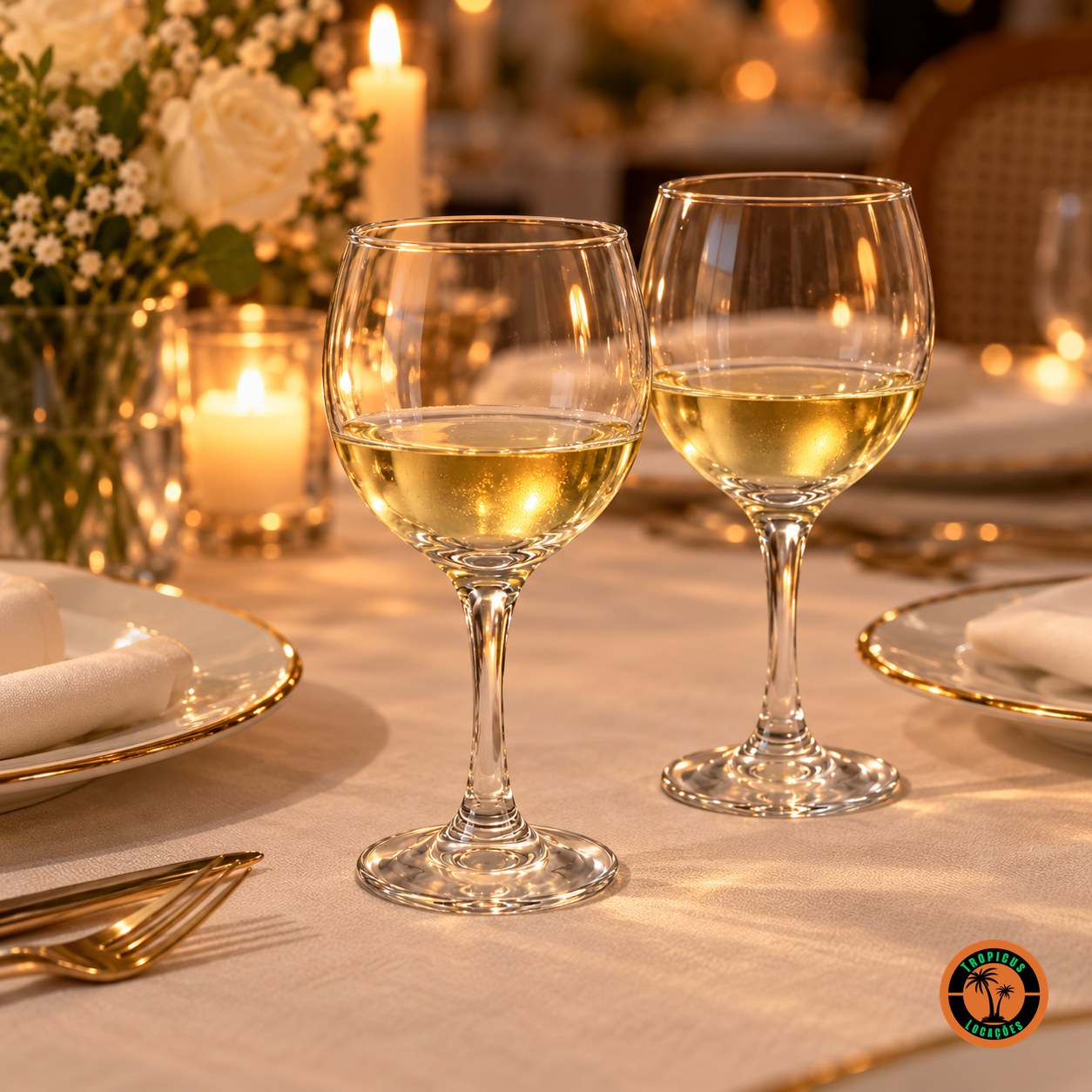 Jantar à luz de velas com taças Vinho Branco Premiére servidas com vinho branco e prato com friso dourado