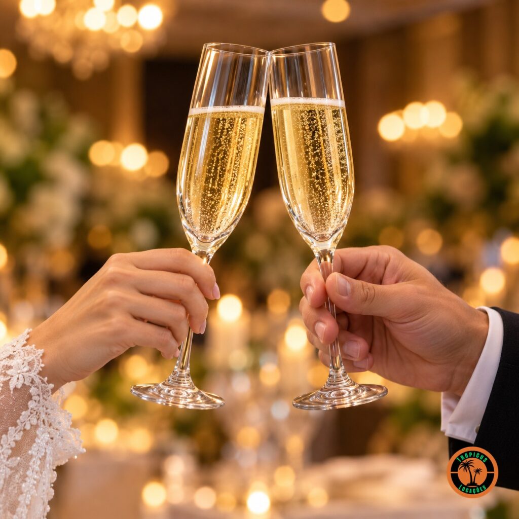 Noivos brindando com taças Champagne Premiére servidas com espumante