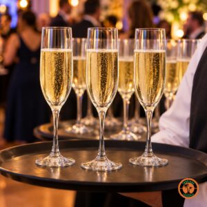 Bandeja de garçom com taças Champagne Premiére servidas com espumante numa formatura