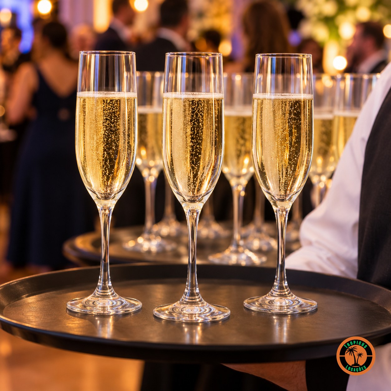 Bandeja de garçom com taças Champagne Premiére servidas com espumante numa formatura