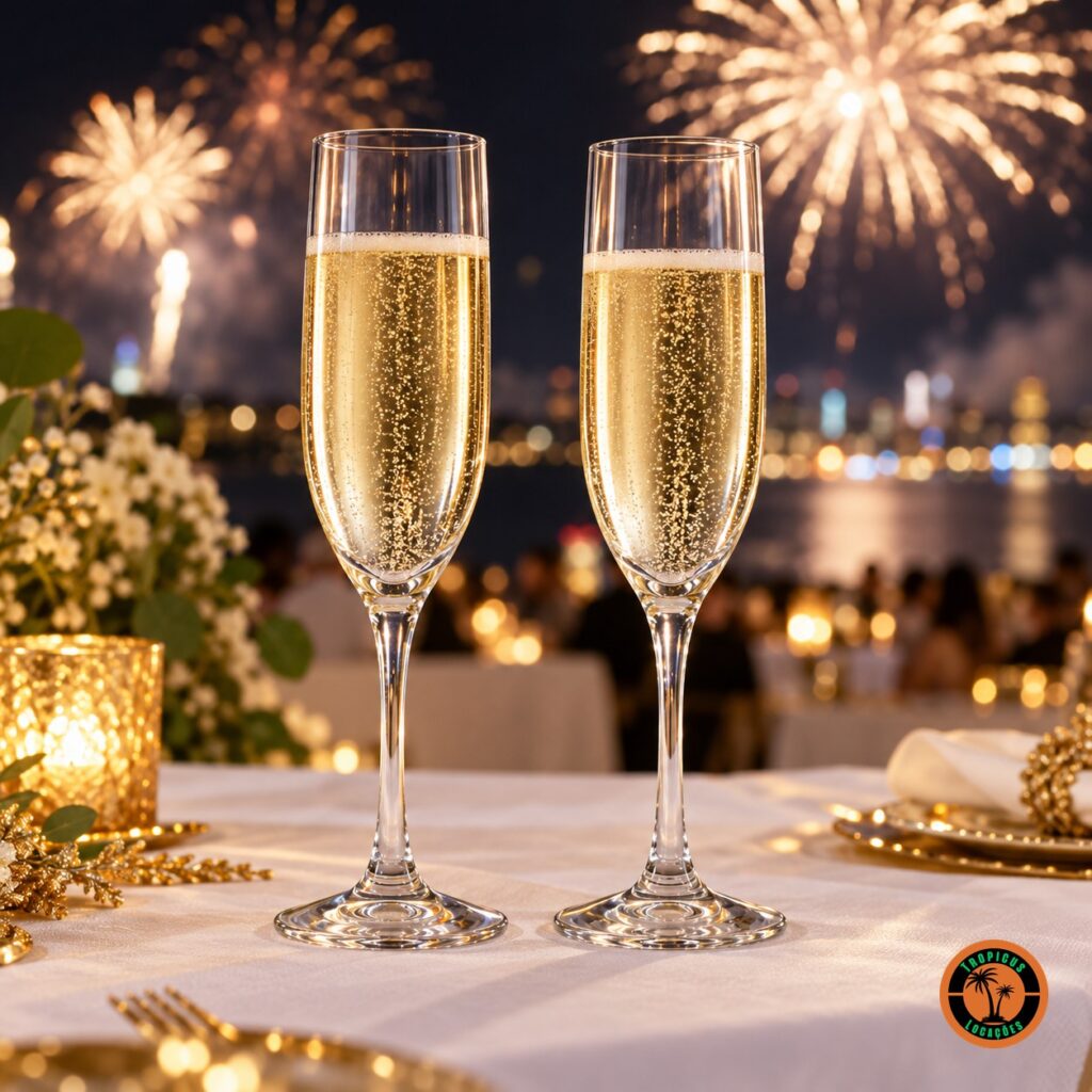 Taças Champagne Premiére com espumante numa mesa de Réveillon com fogos ao fundo