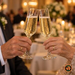 Casal brindando nas bodas com taças Champanhe Bistrô servidas com espumante