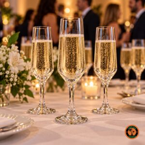 Mesa de confraternização com várias taças Champanhe Bistrô servidas com espumante