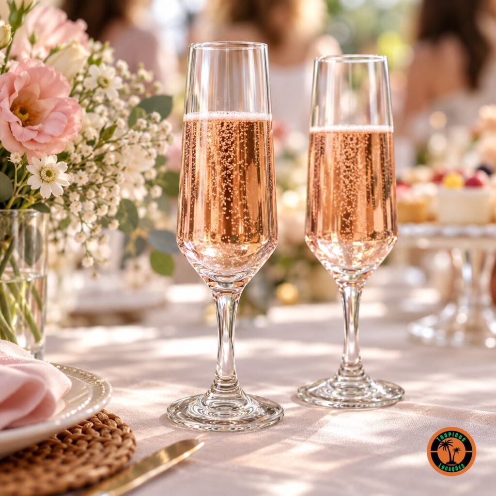 Taças Champanhe Bistrô com frisante rosé numa mesa com flores rosa e brancas