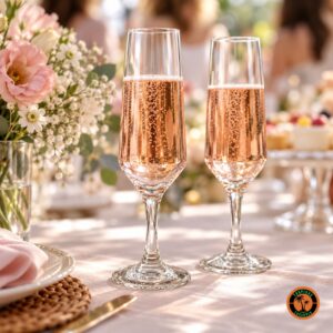 Taças Champanhe Bistrô com frisante rosé numa mesa com flores rosa e brancas