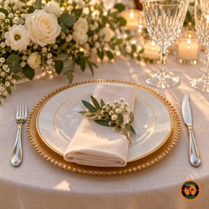Mesa de casamento com talheres de inox com detalhe dourado e sousplat dourado