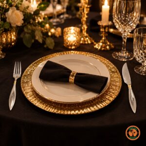 Jantar de gala com talheres de inox com detalhe dourado sobre toalha preta