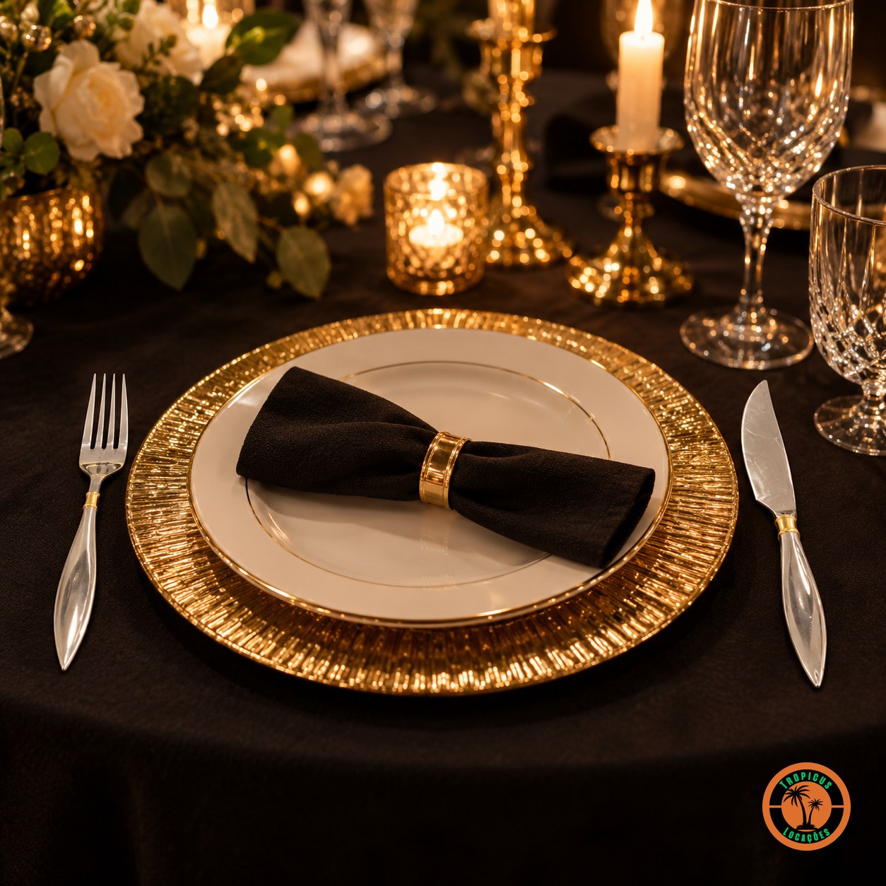Jantar de gala com talheres de inox com detalhe dourado sobre toalha preta