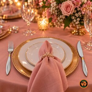 Mesa de festa de 15 anos com talheres de inox com detalhe dourado e toalha rosé