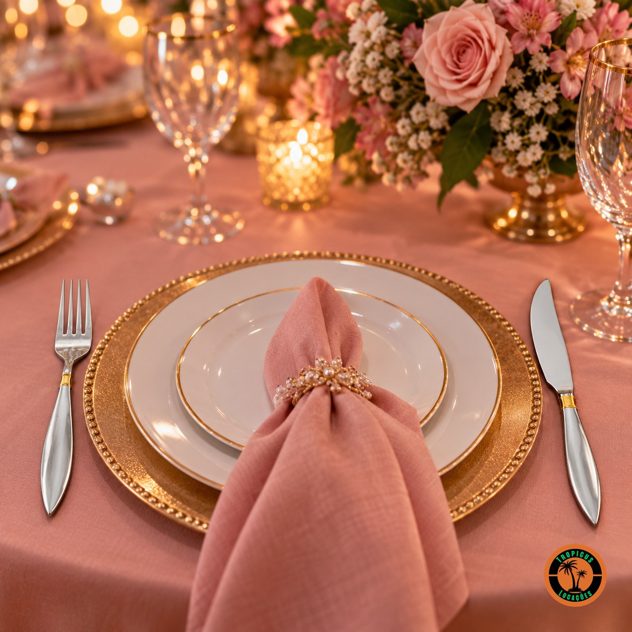 Mesa de festa de 15 anos com talheres de inox com detalhe dourado e toalha rosé