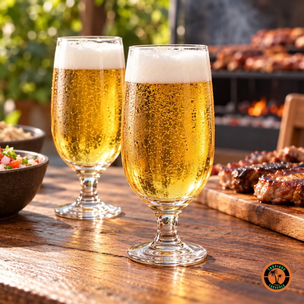 Taças Hannover com cerveja e colarinho numa mesa de churrasco ao ar livre
