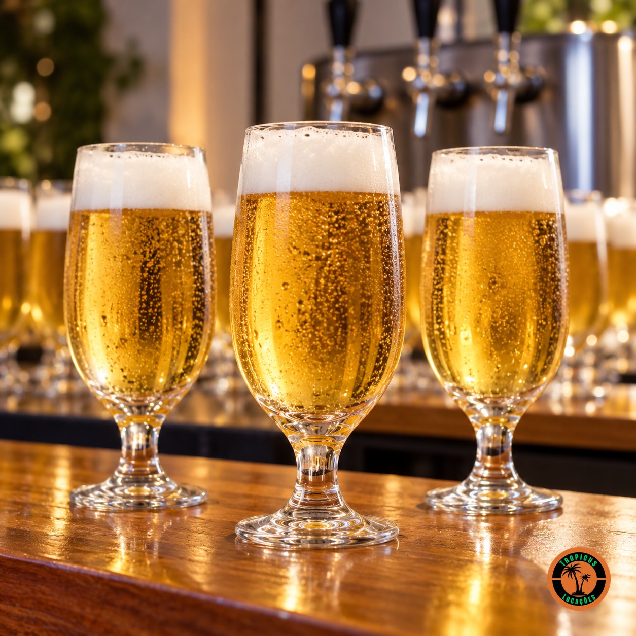 Taças Hannover servidas com chopp num balcão de open bar, com a chopeira ao fundo