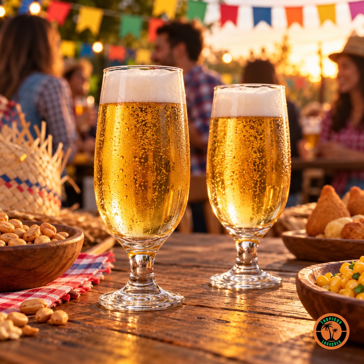 Taças Hannover com cerveja numa mesa de festa junina com petiscos e bandeirinhas