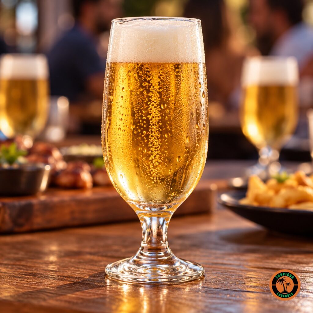 Taça Hannover com chopp, colarinho e gotas de condensação no vidro