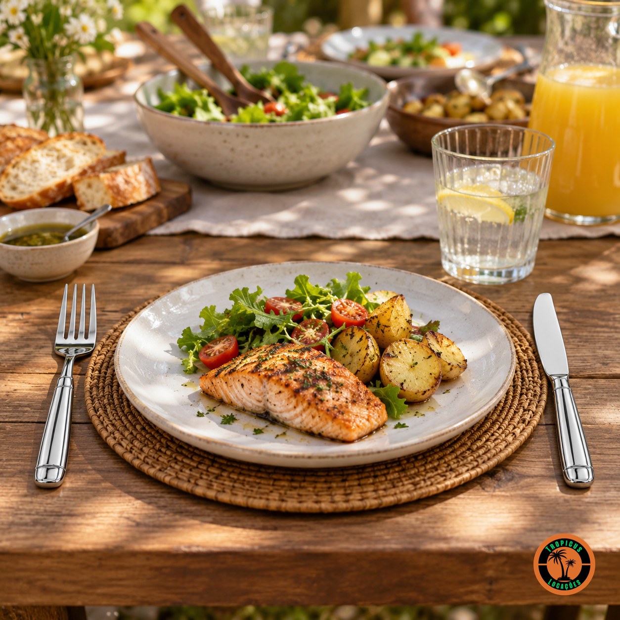 Almoço em família ao ar livre com garfo e faca de inox modelo Italiano numa mesa de madeira