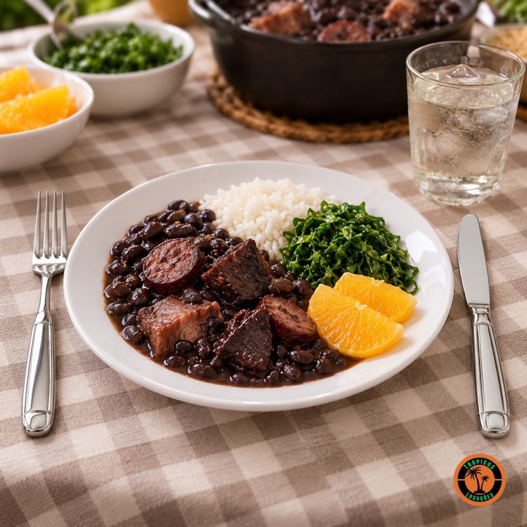 Prato de feijoada com garfo e faca de inox modelo Italiano sobre toalha xadrez