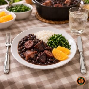Prato de feijoada com garfo e faca de inox modelo Italiano sobre toalha xadrez