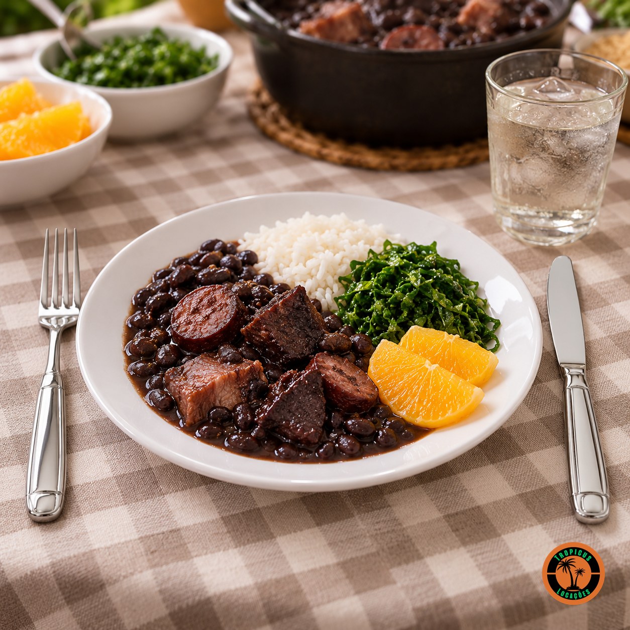 Prato de feijoada com garfo e faca de inox modelo Italiano sobre toalha xadrez