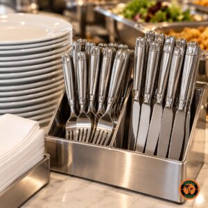 Garfos e facas de inox modelo Italiano organizados num porta-talheres de buffet