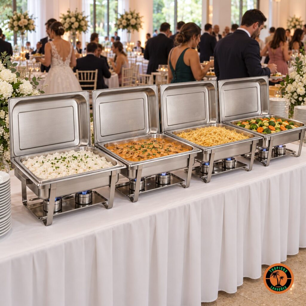 Quatro rechauds retangulares de inox em fila num buffet de casamento, com arroz, strogonoff e legumes