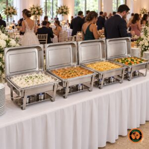 Quatro rechauds retangulares de inox em fila num buffet de casamento, com arroz, strogonoff e legumes