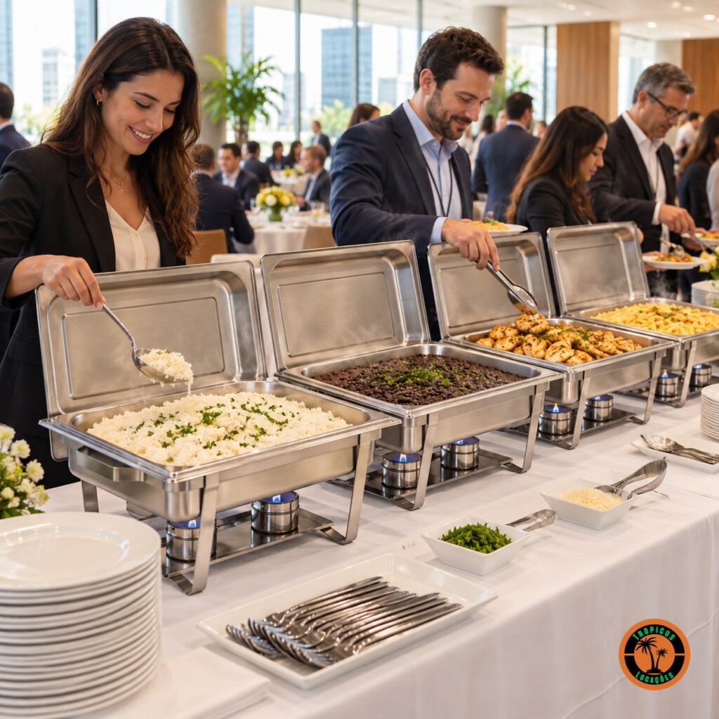 Profissionais se servindo em rechauds retangulares de inox num almoço corporativo