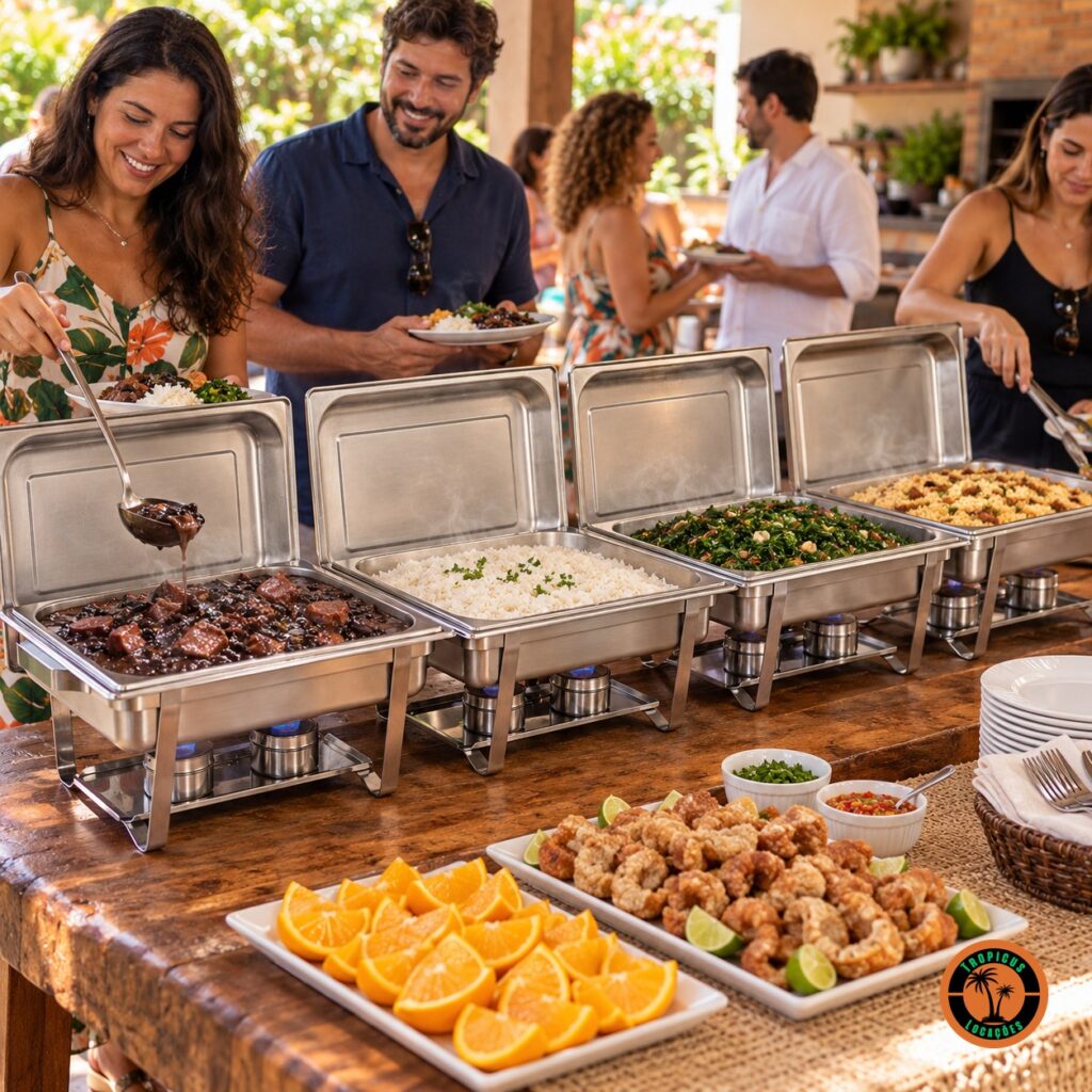 Amigos se servindo de feijoada em rechauds retangulares de inox numa área gourmet