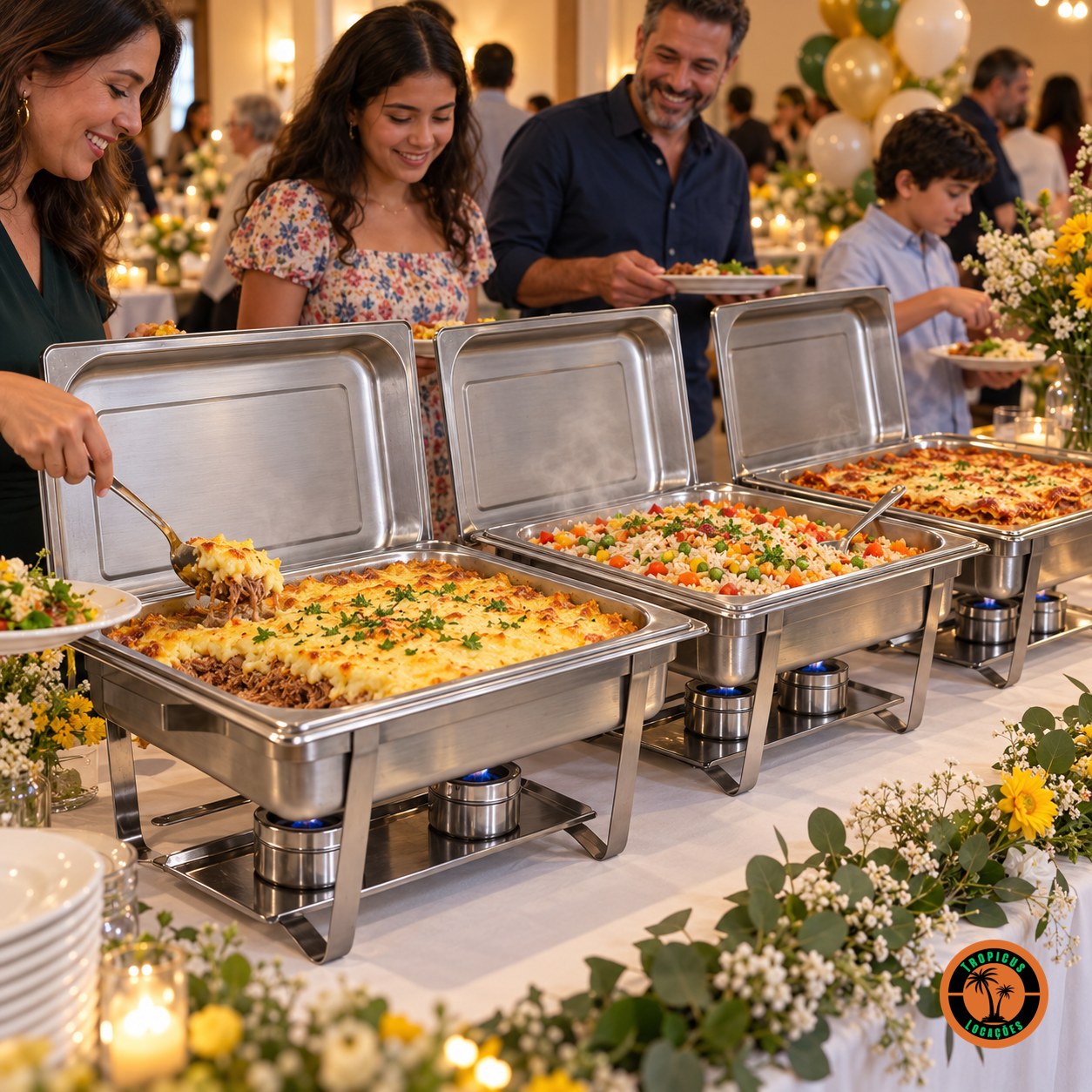 Família se servindo em rechauds retangulares de inox num buffet de aniversário