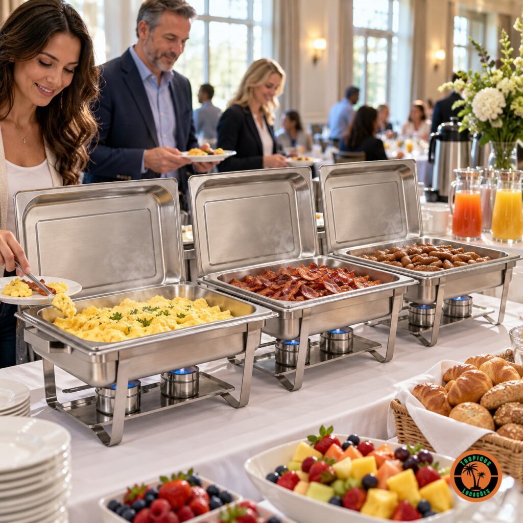Rechauds retangulares de inox com ovos mexidos, bacon e salsichas num buffet de café da manhã