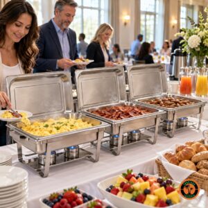 Rechauds retangulares de inox com ovos mexidos, bacon e salsichas num buffet de café da manhã
