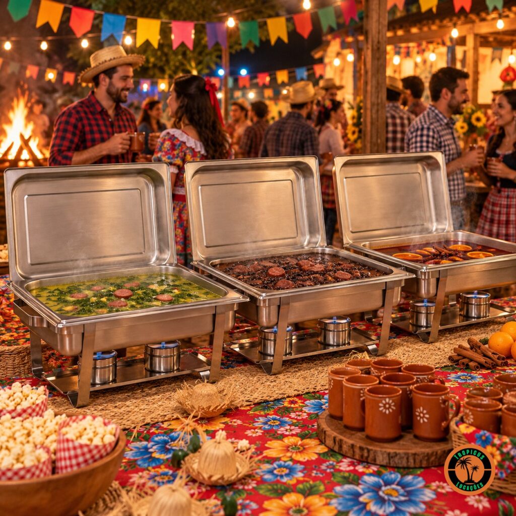 Rechauds retangulares de inox com caldos numa festa junina com bandeirinhas