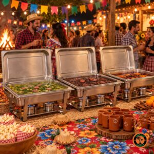 Rechauds retangulares de inox com caldos numa festa junina com bandeirinhas