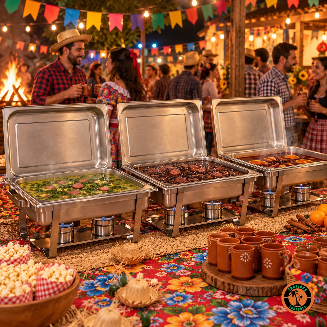 Rechauds retangulares de inox com caldos numa festa junina com bandeirinhas