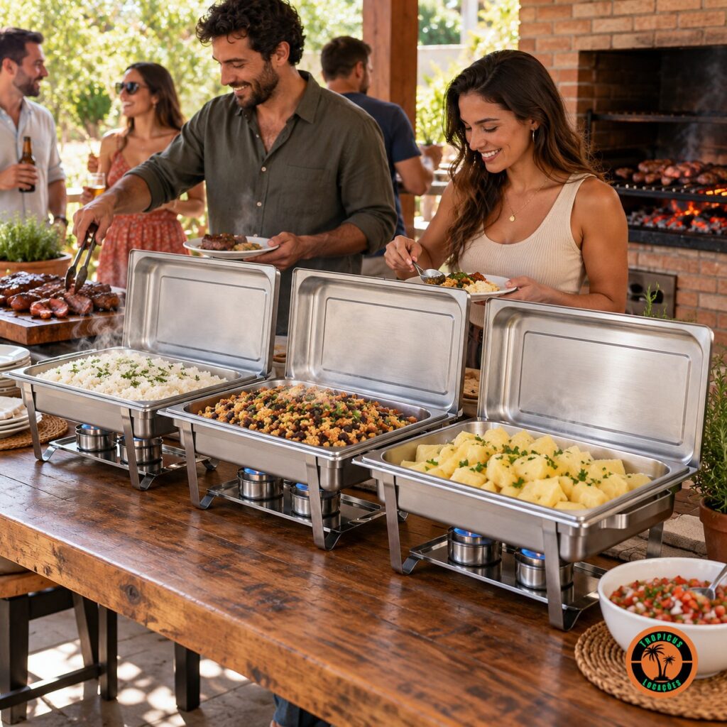 Rechauds retangulares de inox com acompanhamentos de churrasco numa área gourmet
