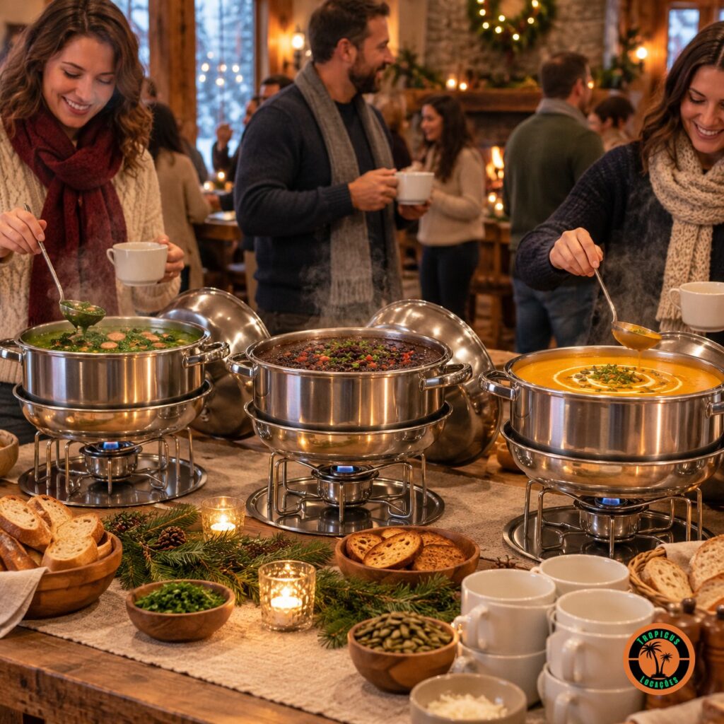 Rechauds redondos de inox com caldos num buffet rústico de inverno