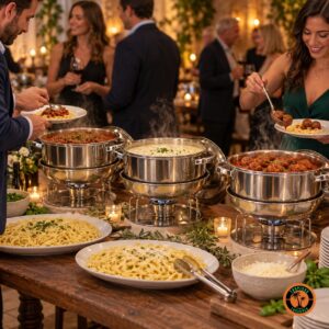 Rechauds redondos de inox com molhos e almôndegas num buffet italiano