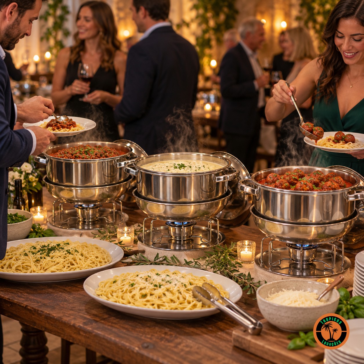 Rechauds redondos de inox com molhos e almôndegas num buffet italiano