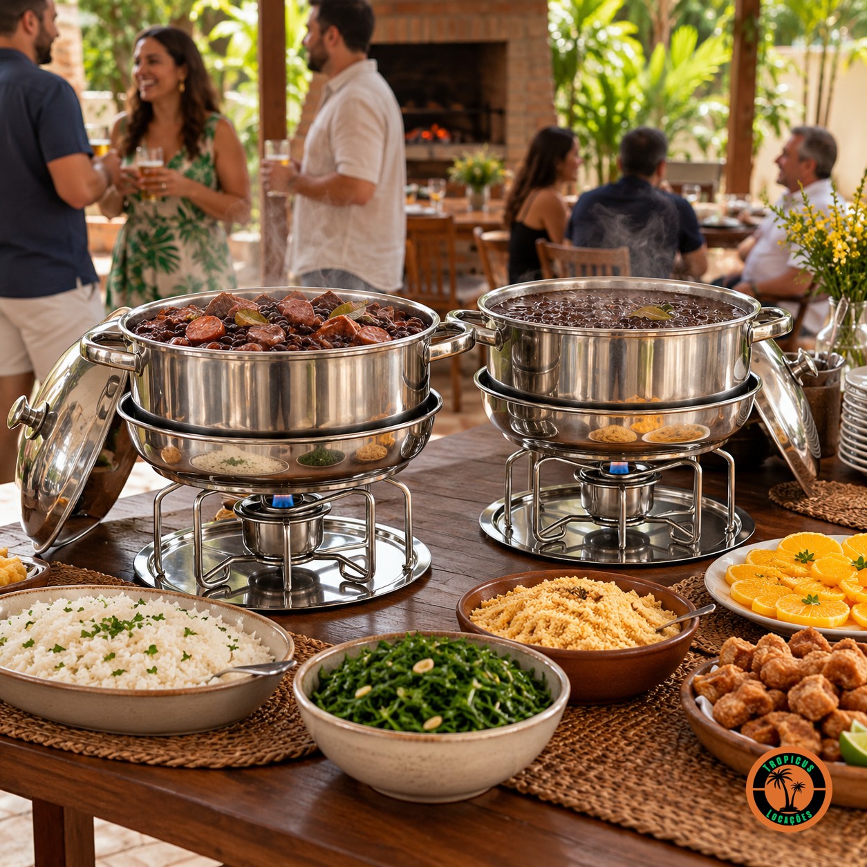 Rechauds redondos de inox com feijoada numa área gourmet