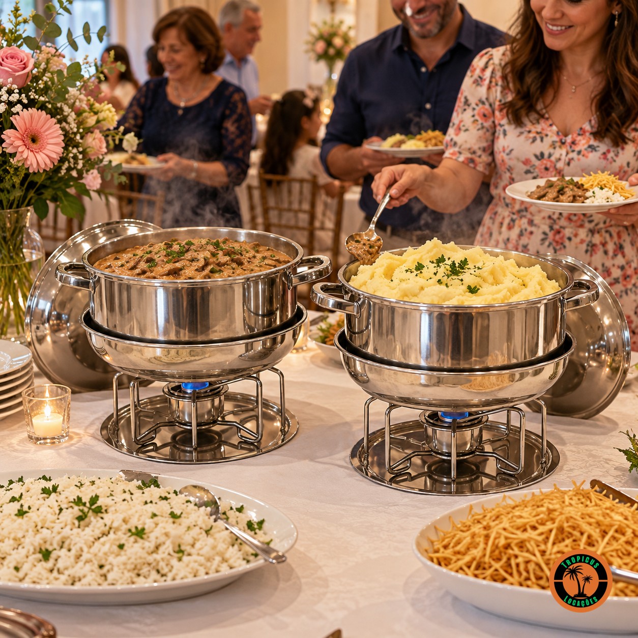 Rechauds redondos de inox com strogonoff e purê num buffet de aniversário em família