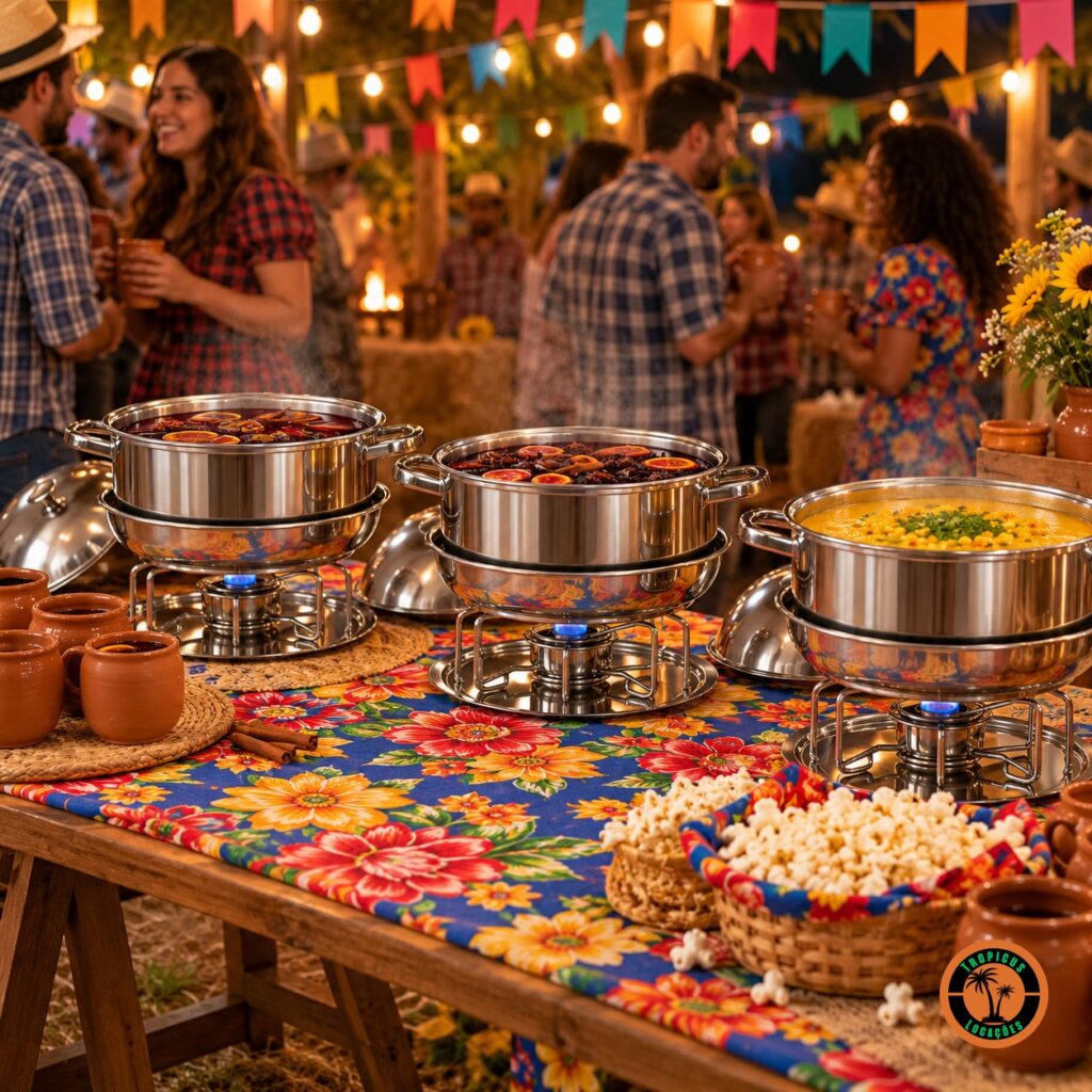 Rechauds redondos de inox com quentão e caldos numa festa junina