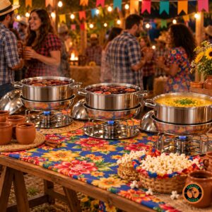 Rechauds redondos de inox com quentão e caldos numa festa junina