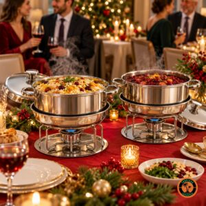 Rechauds redondos de inox numa ceia de Natal com toalha vermelha e velas