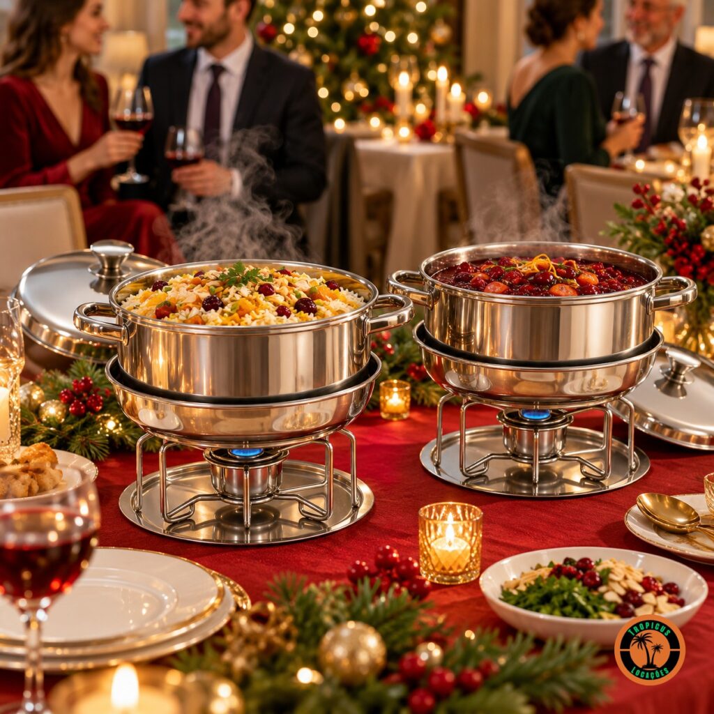 Rechauds redondos de inox numa ceia de Natal com toalha vermelha e velas
