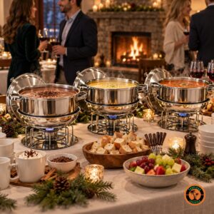 Rechauds redondos de inox com chocolate quente e fondue num jantar de inverno