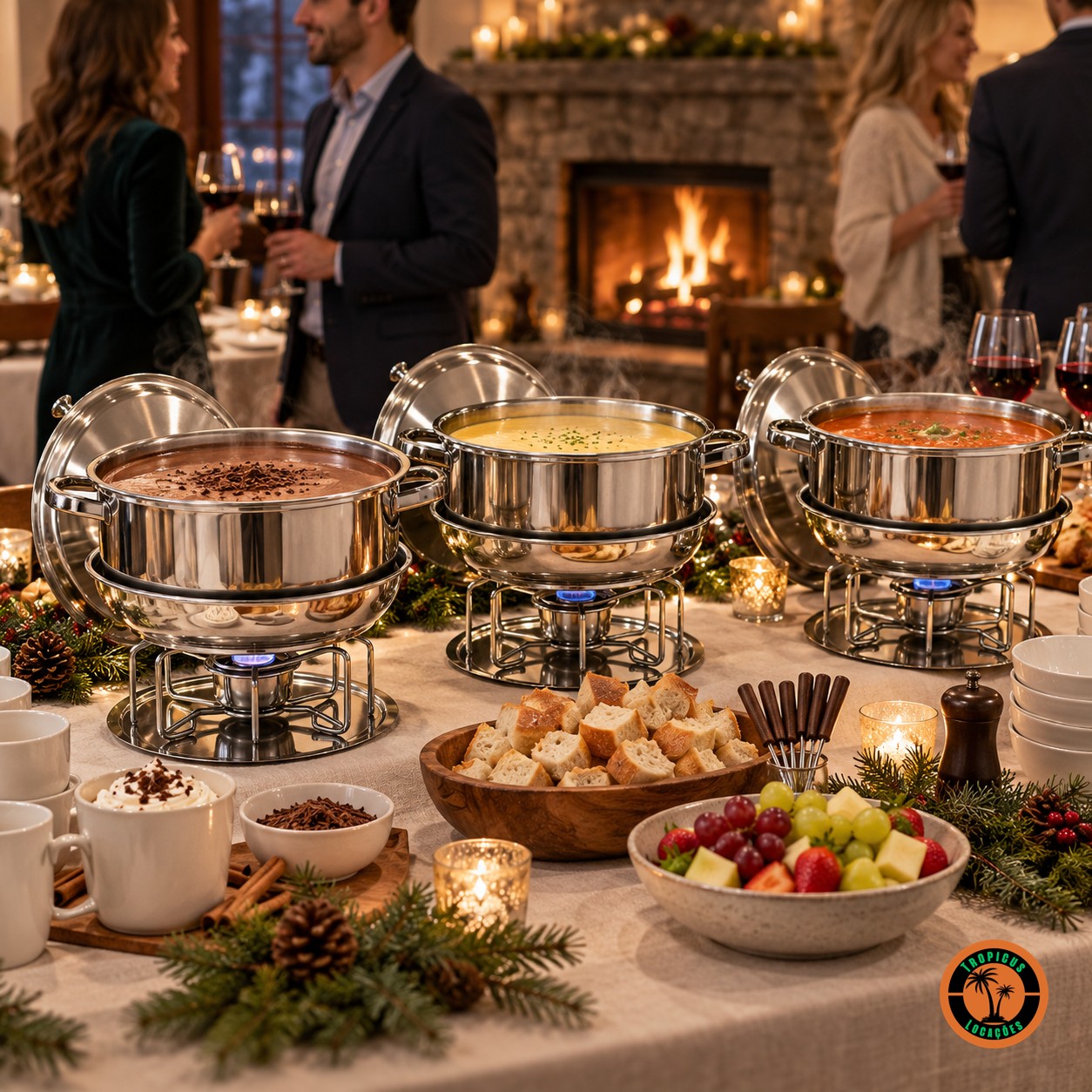 Rechauds redondos de inox com chocolate quente e fondue num jantar de inverno